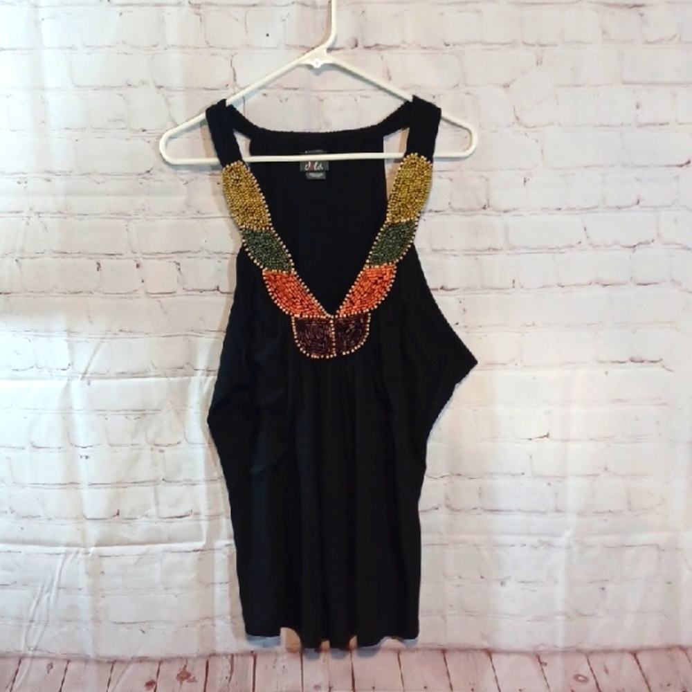 Y2K Dots Boho Beaded V Neck  Black Beaded Beachy Stretch Tank Top 2XL